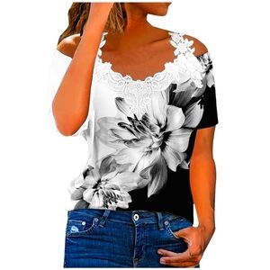 NWOT Sexy Lace Cold Shoulder Tops for Women Casual T Shirt V Neck Short Sleeve M